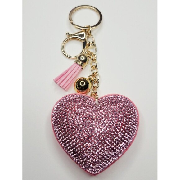 Chill Charms Of Texas Accessories - NWT Big Pink And Gold Puffy Heart Keychain With Tassel Bag Charm That Sparkles